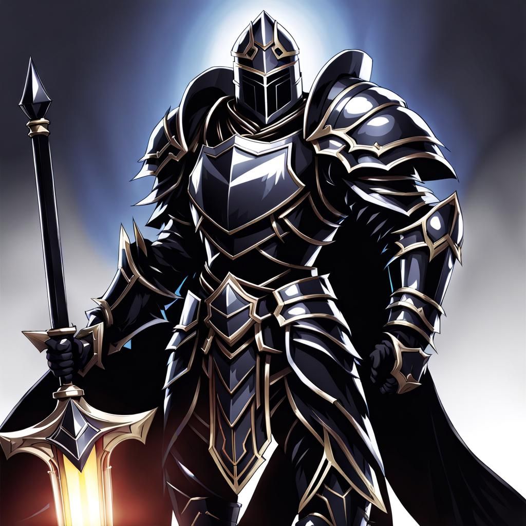 Anime Knight in Black Armor with Staff