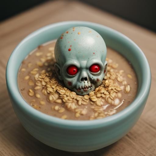 Zombie baby head in a bowl of oatmeal