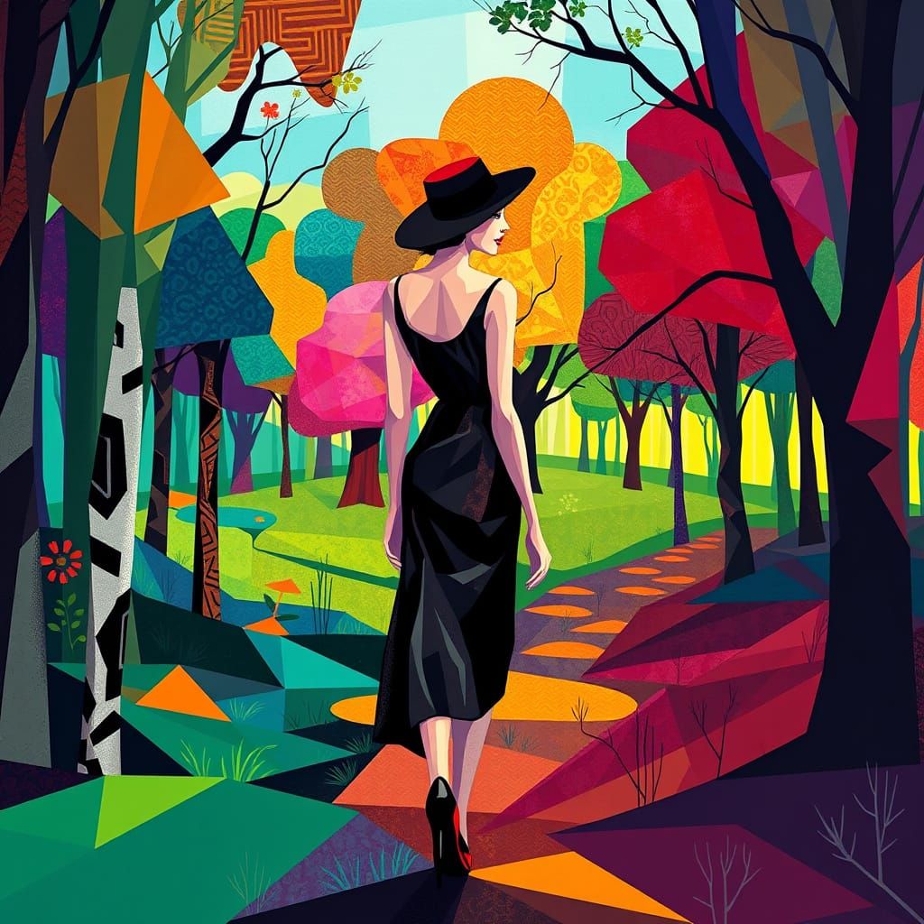 Vibrant Geometric Woman in Whimsical Cubist Forest