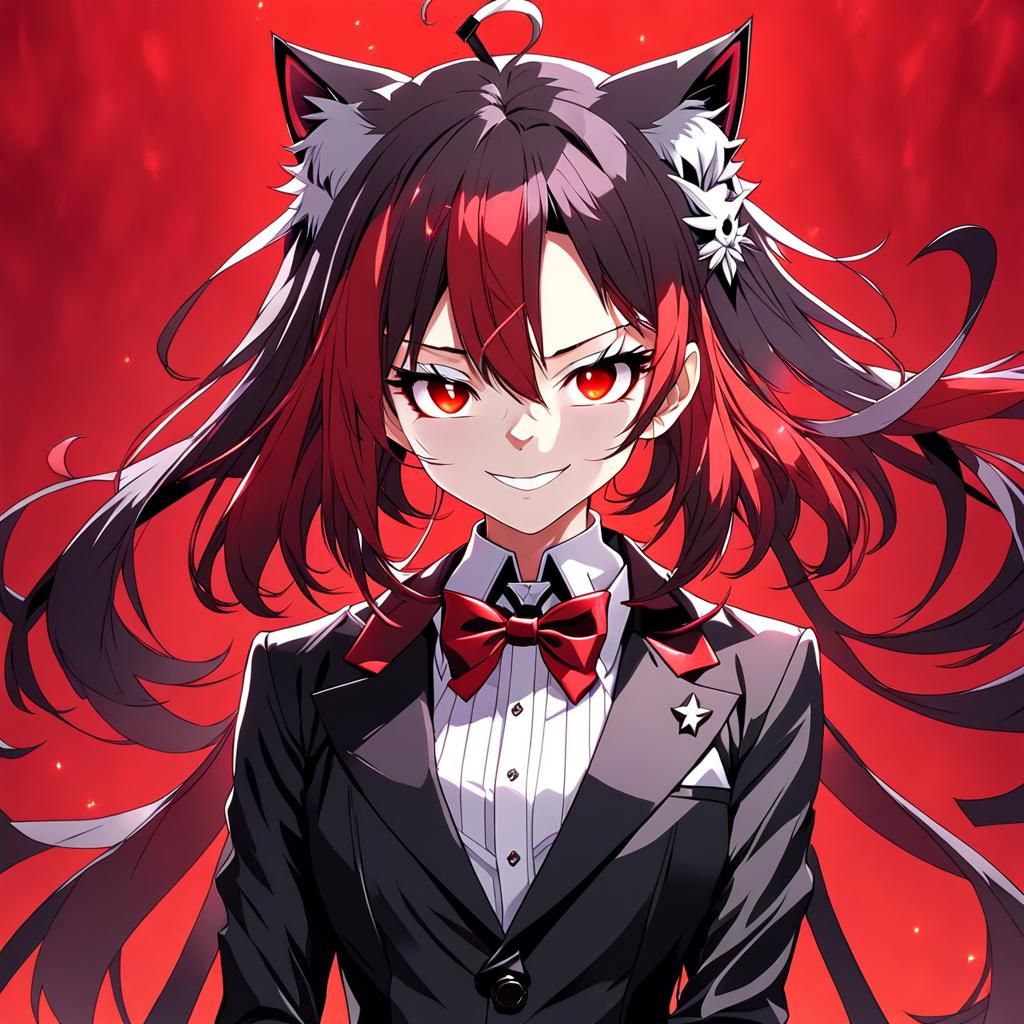 Villainous Anime Girl with Dark Aura and Tuxedo Cat
