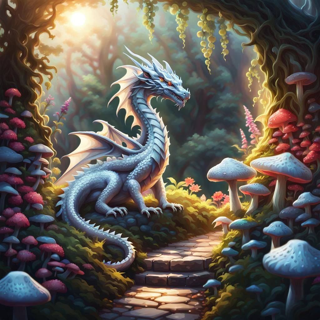 Dreamlike Dragon in Secret Garden, Fantasy Art