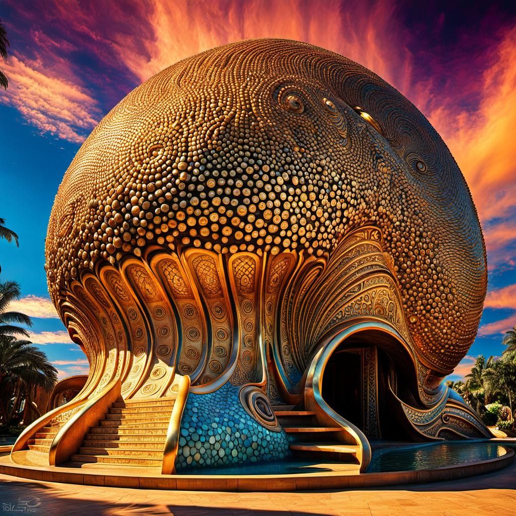Futuristic Burmese Snail House with Hieroglyphs