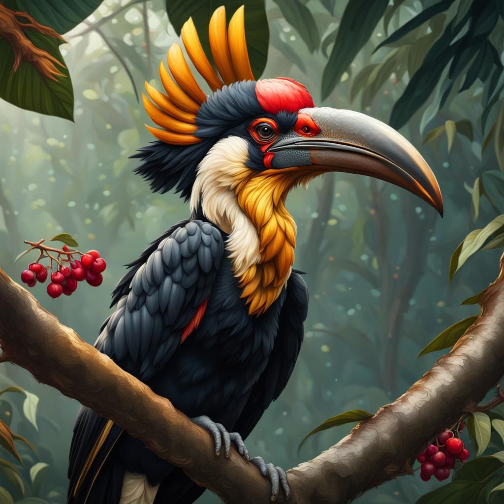 Rhinoceros Hornbill in Borneo Jungle: Hyperdetailed Portrait