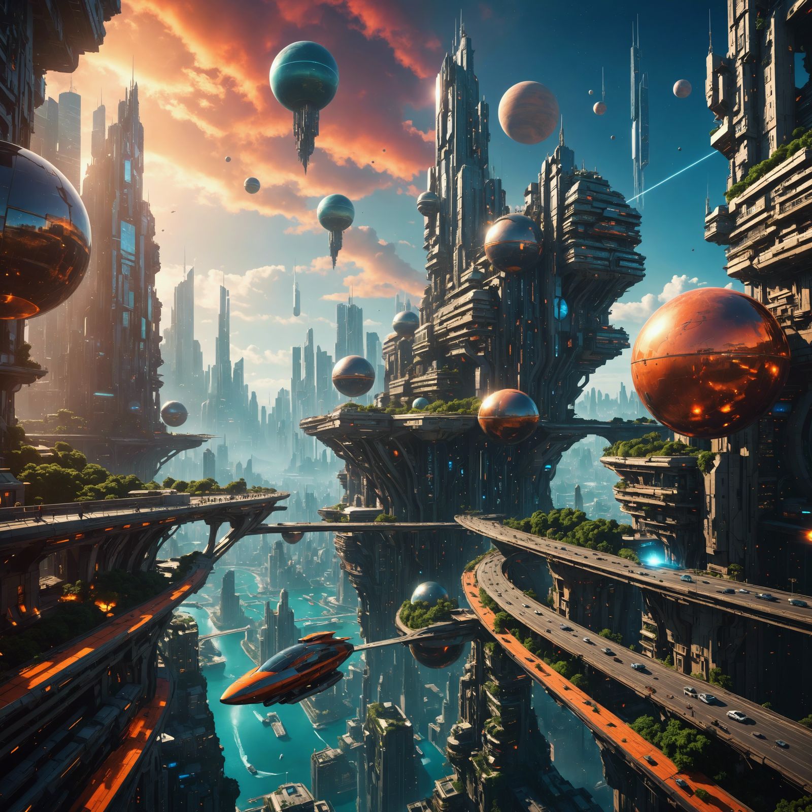 Futuristic Sci-Fi Cityscape with Gravity-Defying Architectur...