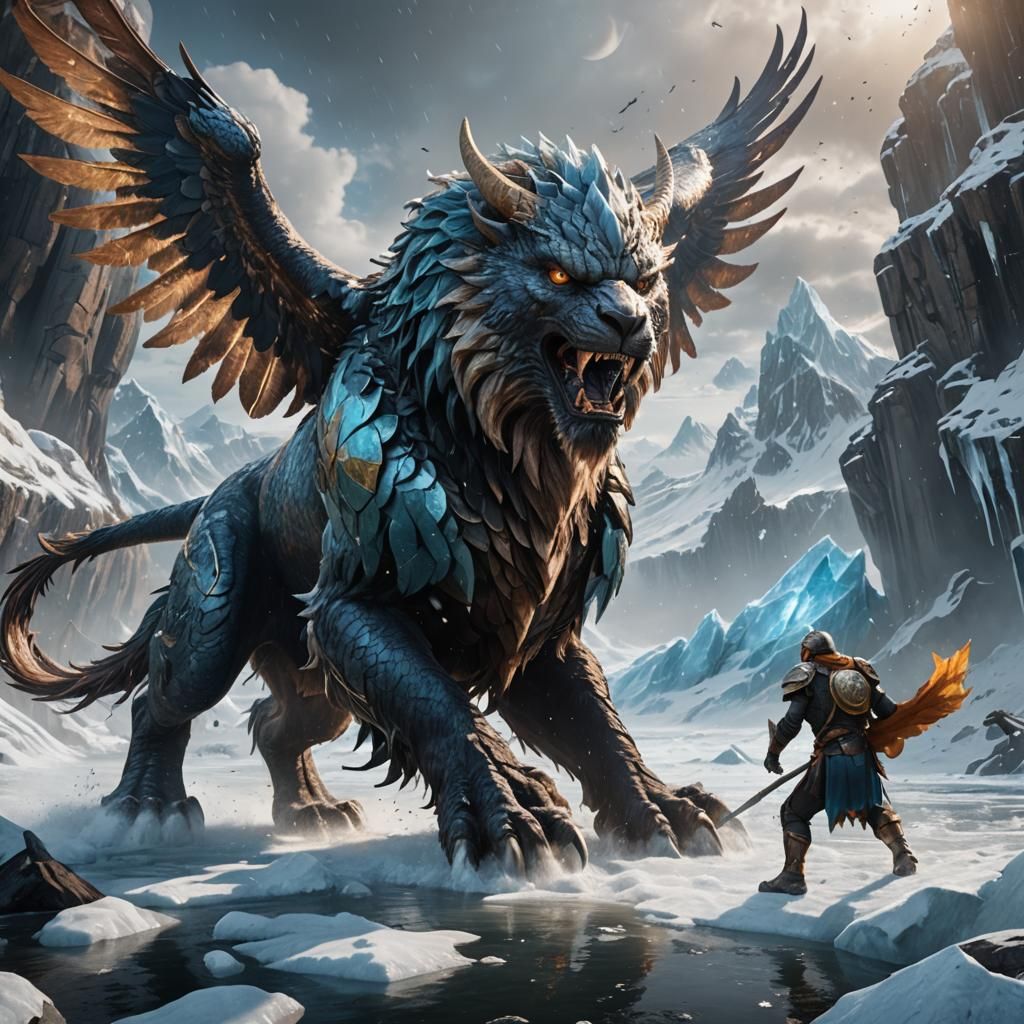 Griffin Battles Ice Giant: Hyperrealistic Matte Painting