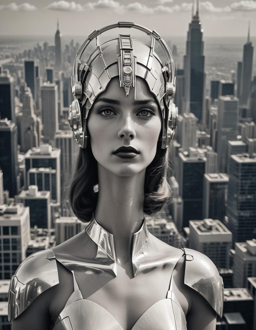 Futuristic Woman in Art Deco Cityscape