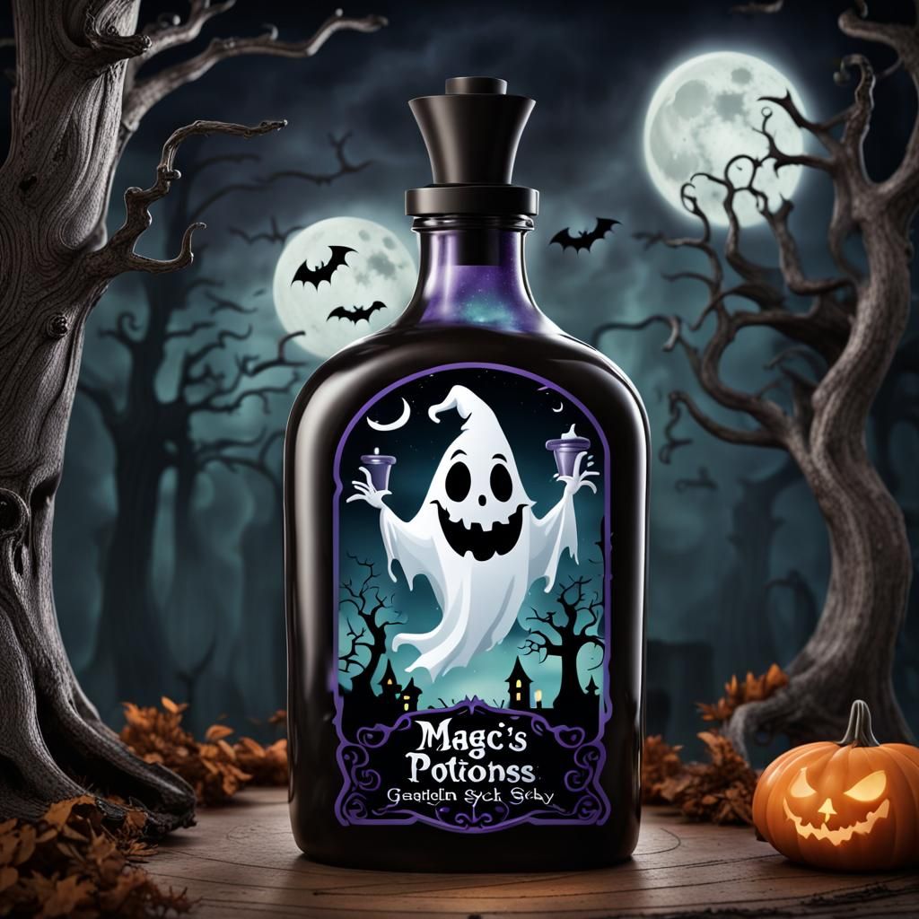 Magic Ghost Potion Bottle with Witch Hat in Digital Art