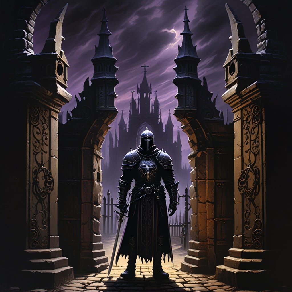 Spectral Knight Guards Bone Gate in Dark Fantasy Painting