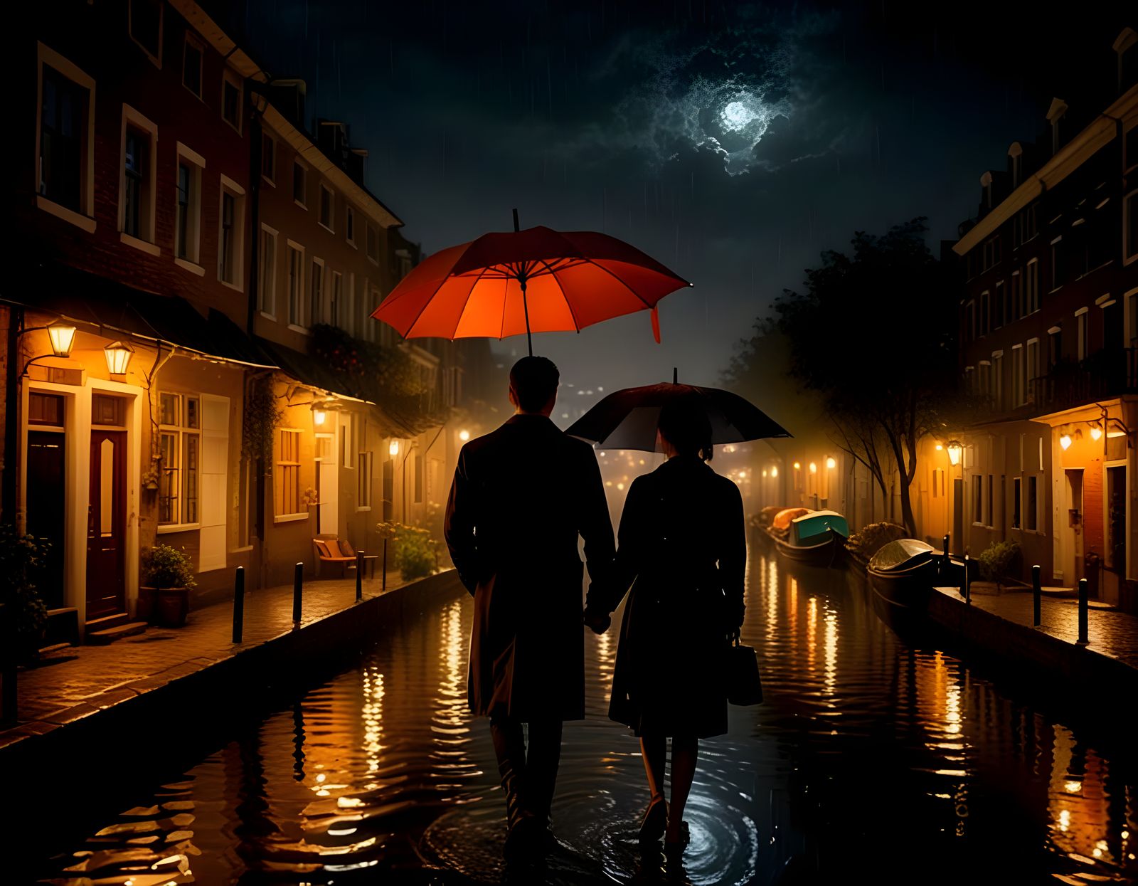 Romantic Couple Walks Along Rainy Canal at Night