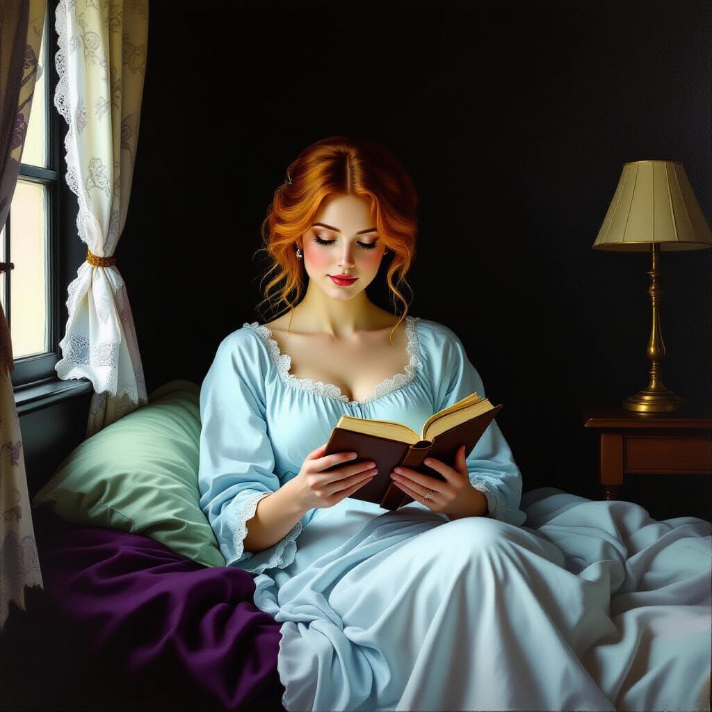 Woman Reading in Serene Bedroom Oil Painting