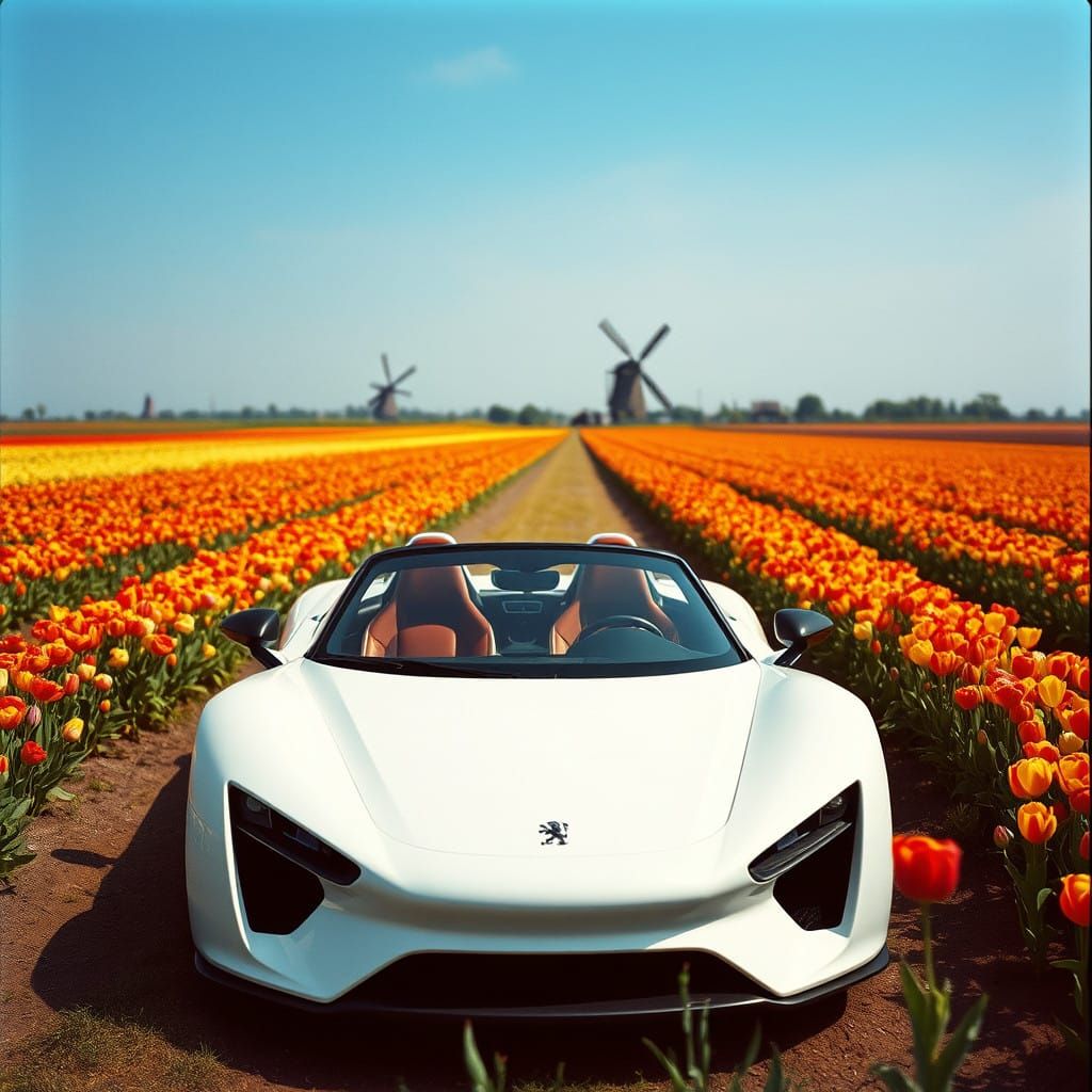 Epic Peugeot 106 Hypercar Concept in Vibrant Tulip Field