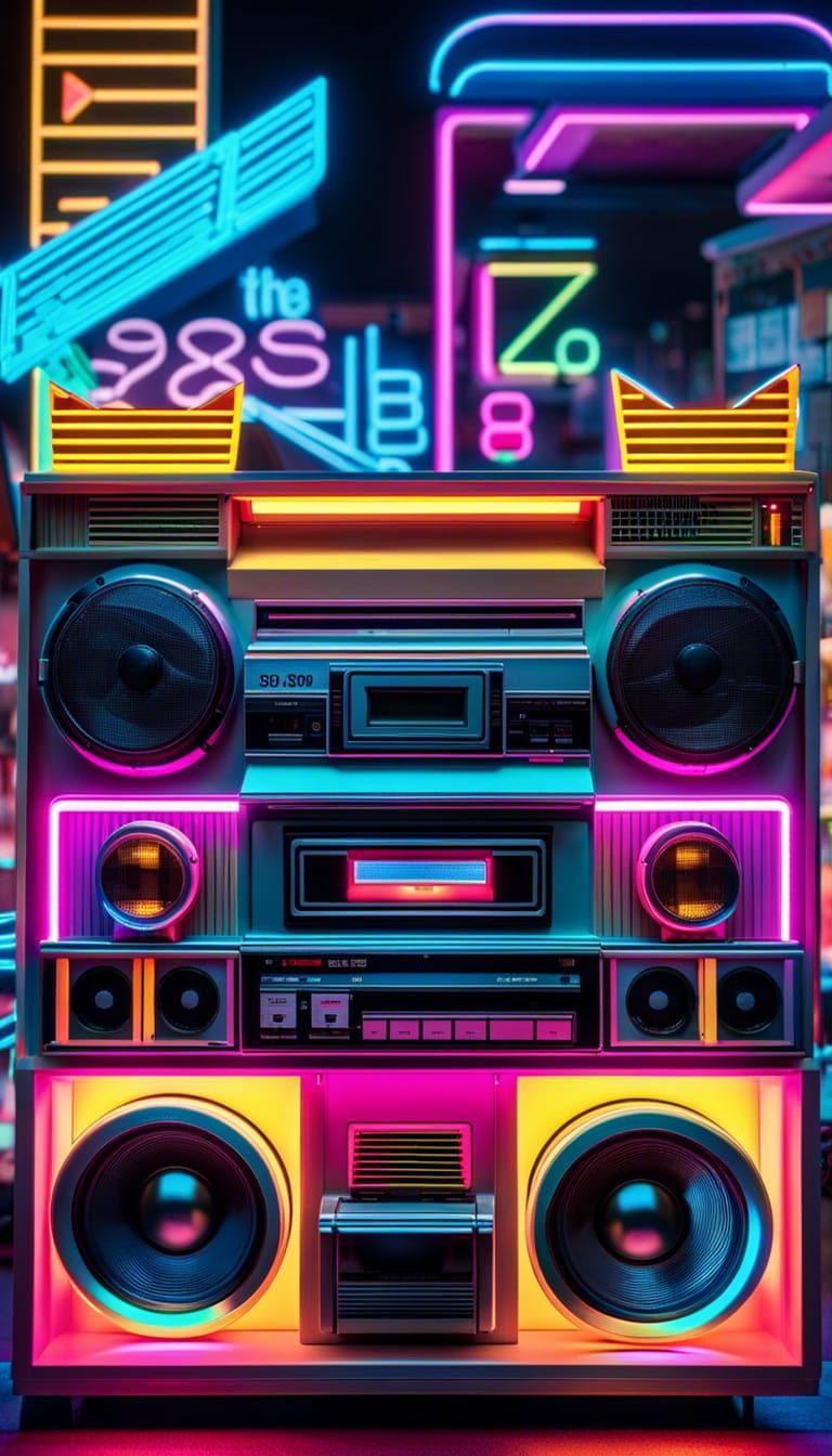 Retro 80s Charm with Neon Lights and Boomboxes