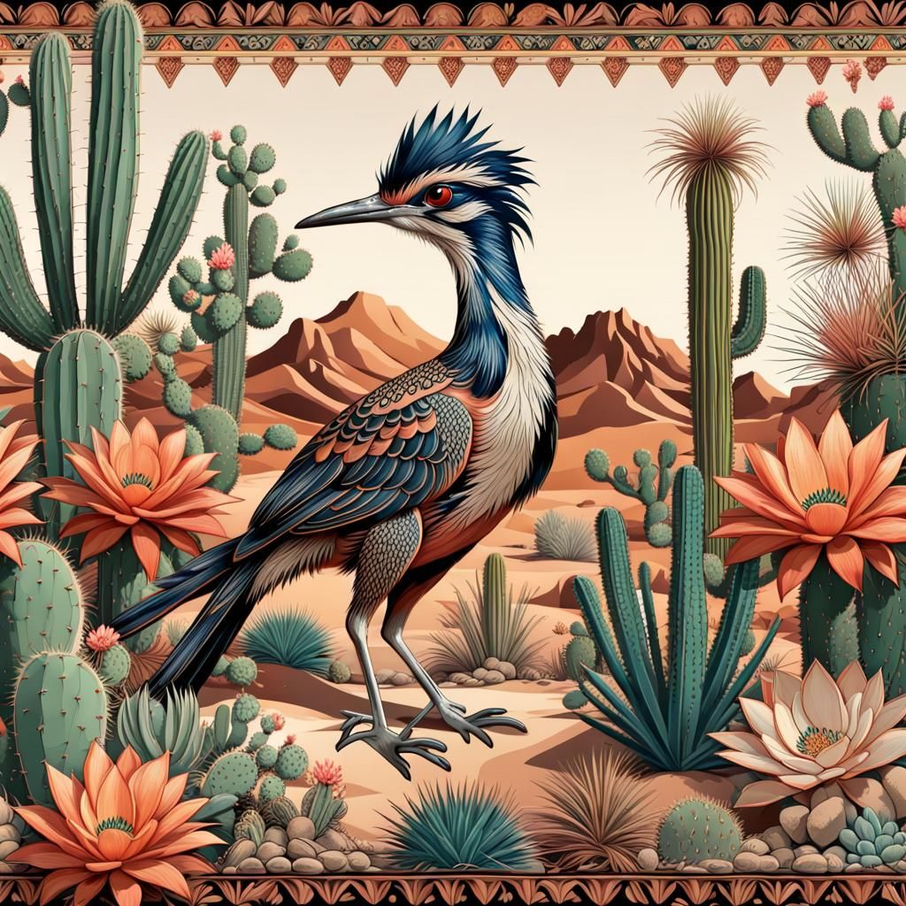 Roadrunner Aloha Pattern with Desert Flora