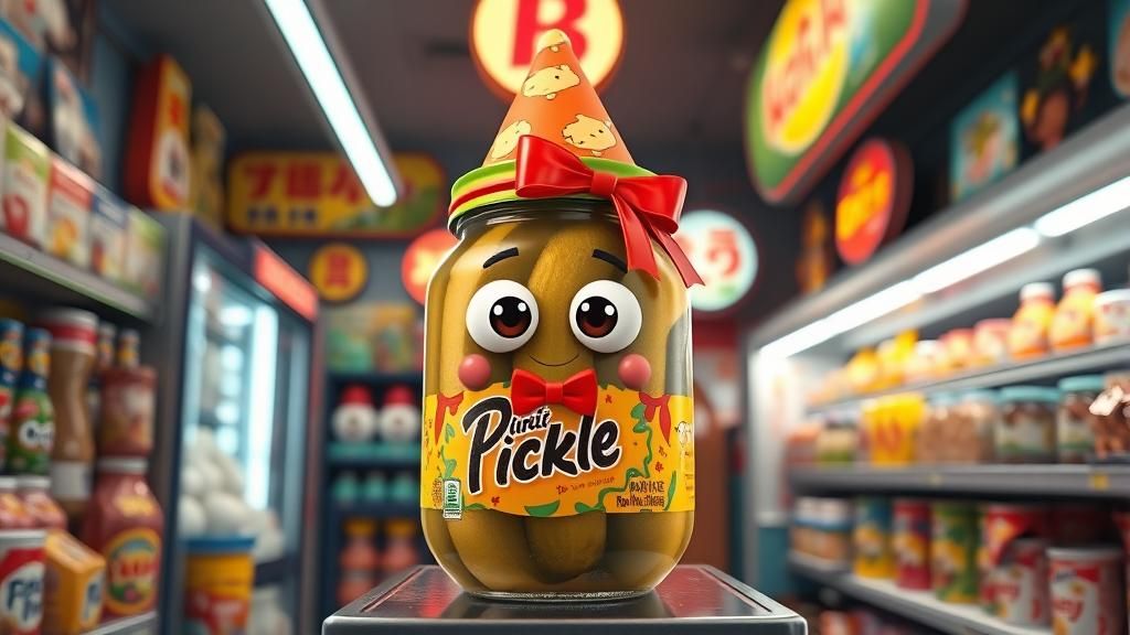 Pickle with Googly Eyes in Retro Convenience Store
