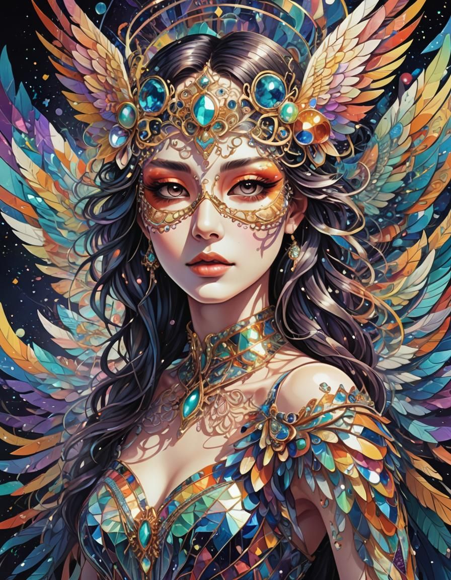 Psychedelic Angel Mask Anime Art in Iridescent Colors