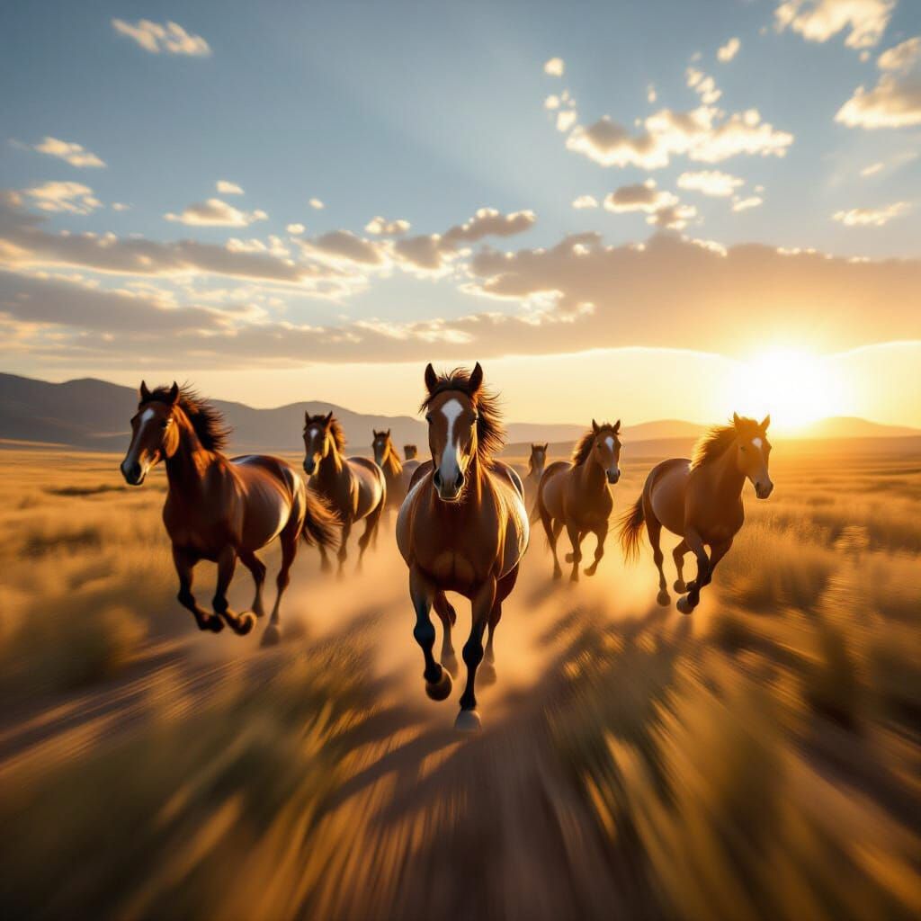 Wild Horses Gallop in Golden Hour Motion Blur