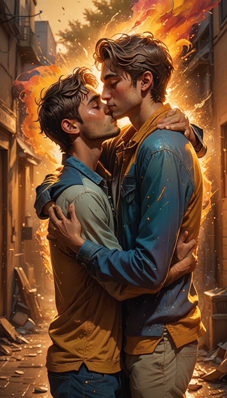 Brothers' Heartfelt Embrace in Vibrant Splash Art Style