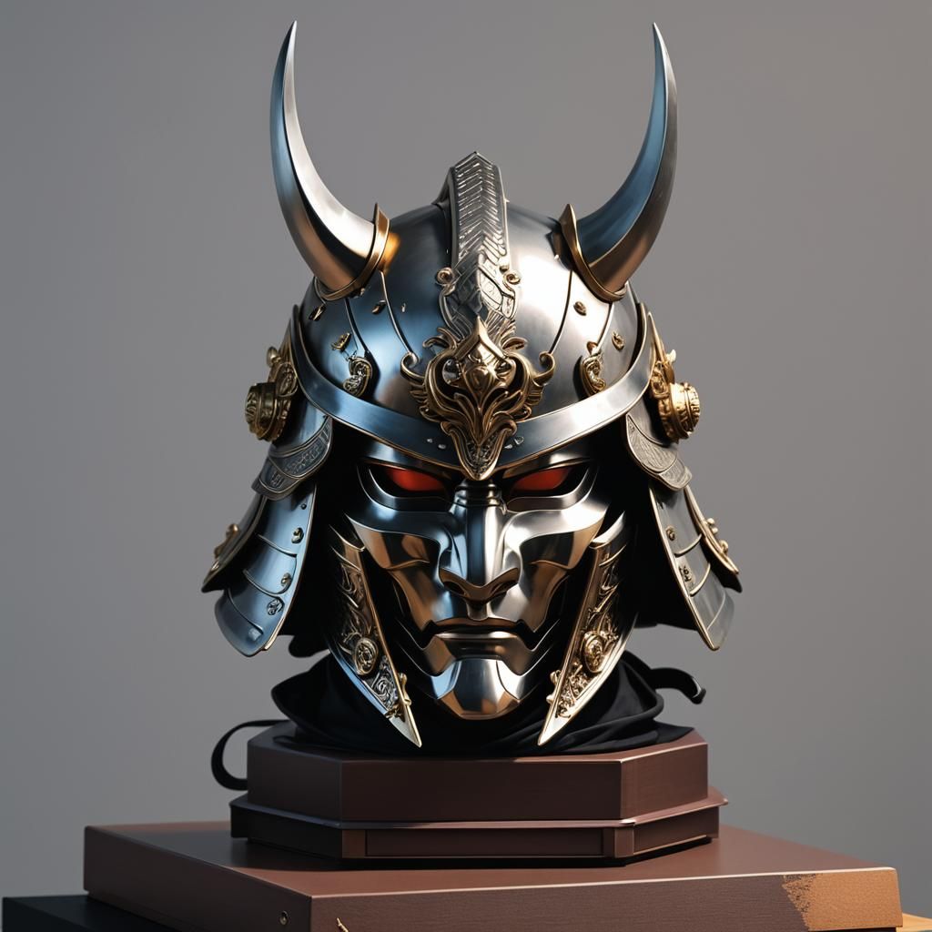 Anime Style 3D Samurai Helmet on Podium