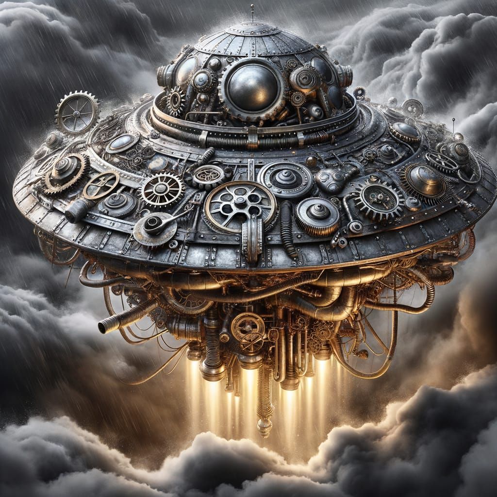 Steampunk Flying Saucer Concealed in Storm Clouds