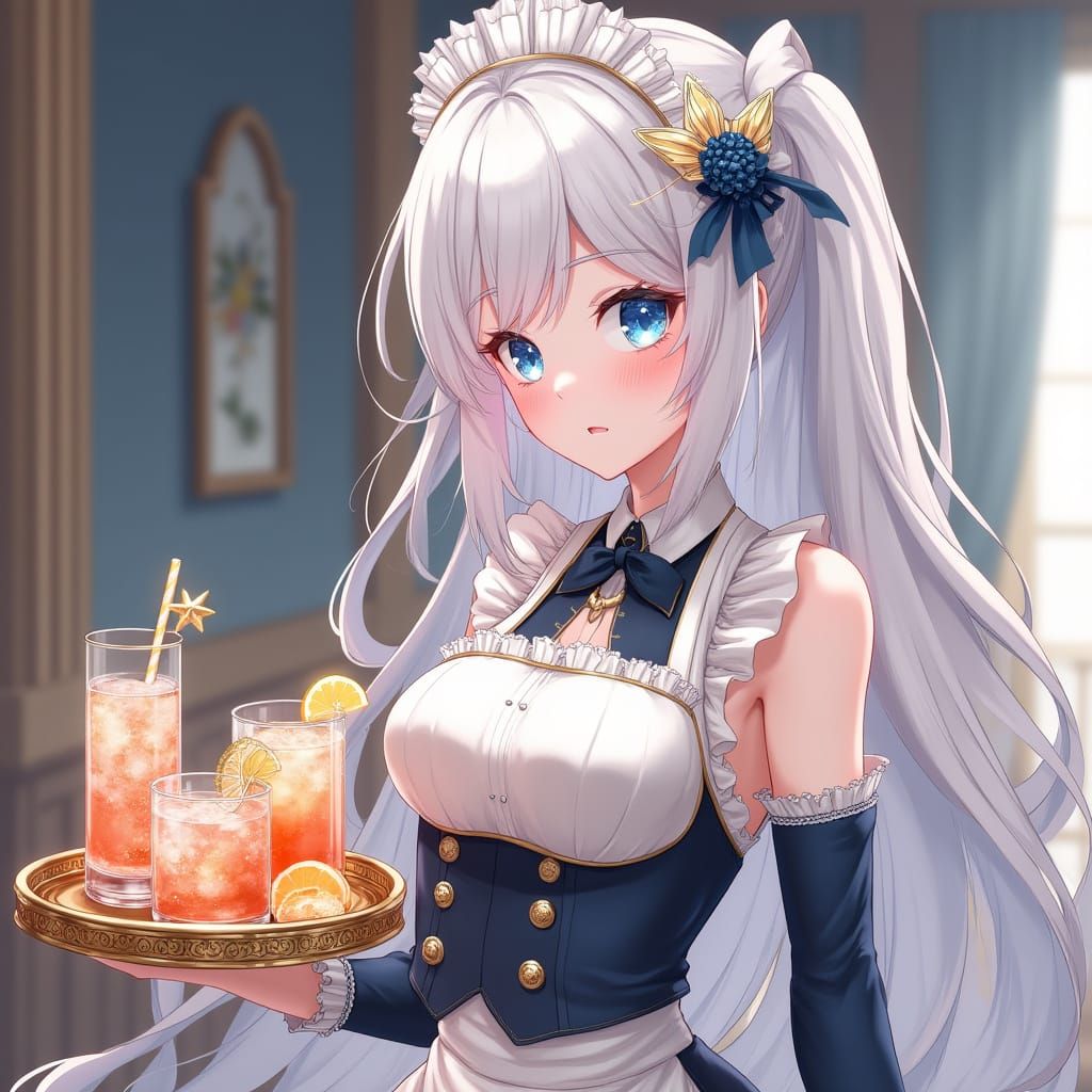 Anime Maid with Sparkling Drinks in 3D Art Style