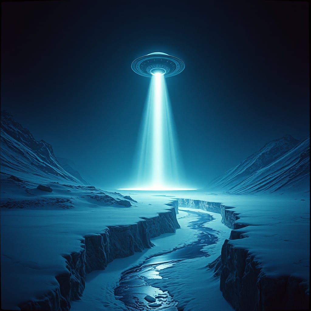 Surreal Nighttime Encounter with a UFO in a Frozen Landscape