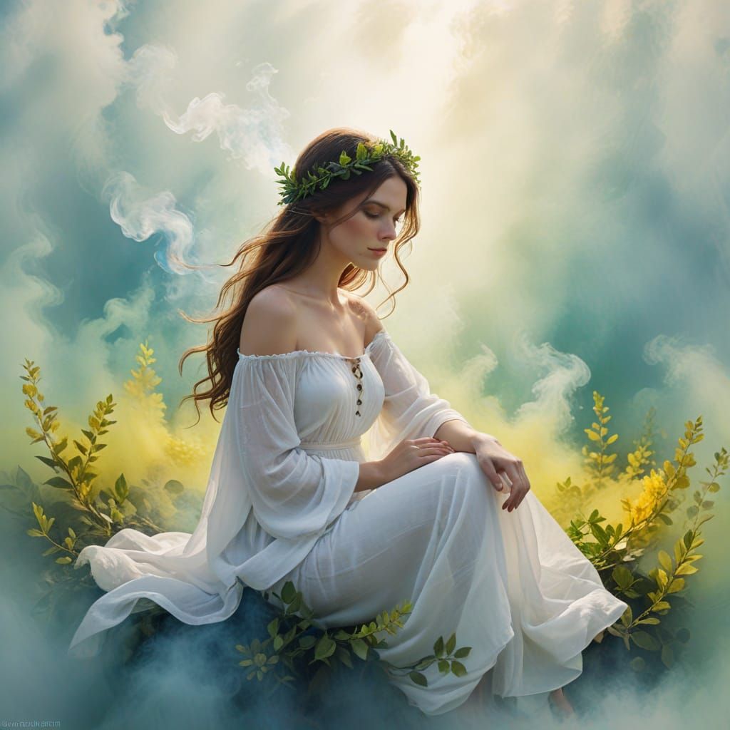 Goddess with Laurel Wreath and Vibrant Smoke