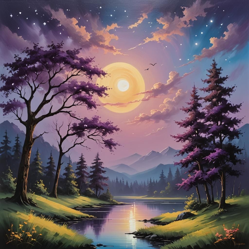 "Desert scene with Josha Trees" "summer evening, super moon ...