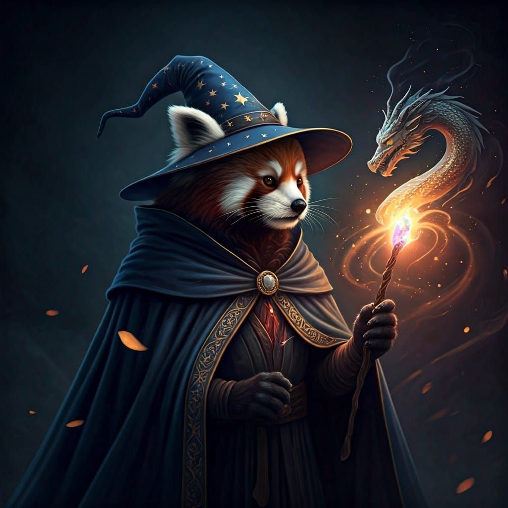 Red Panda Wizard Conjures Dragon in Fantasy Style