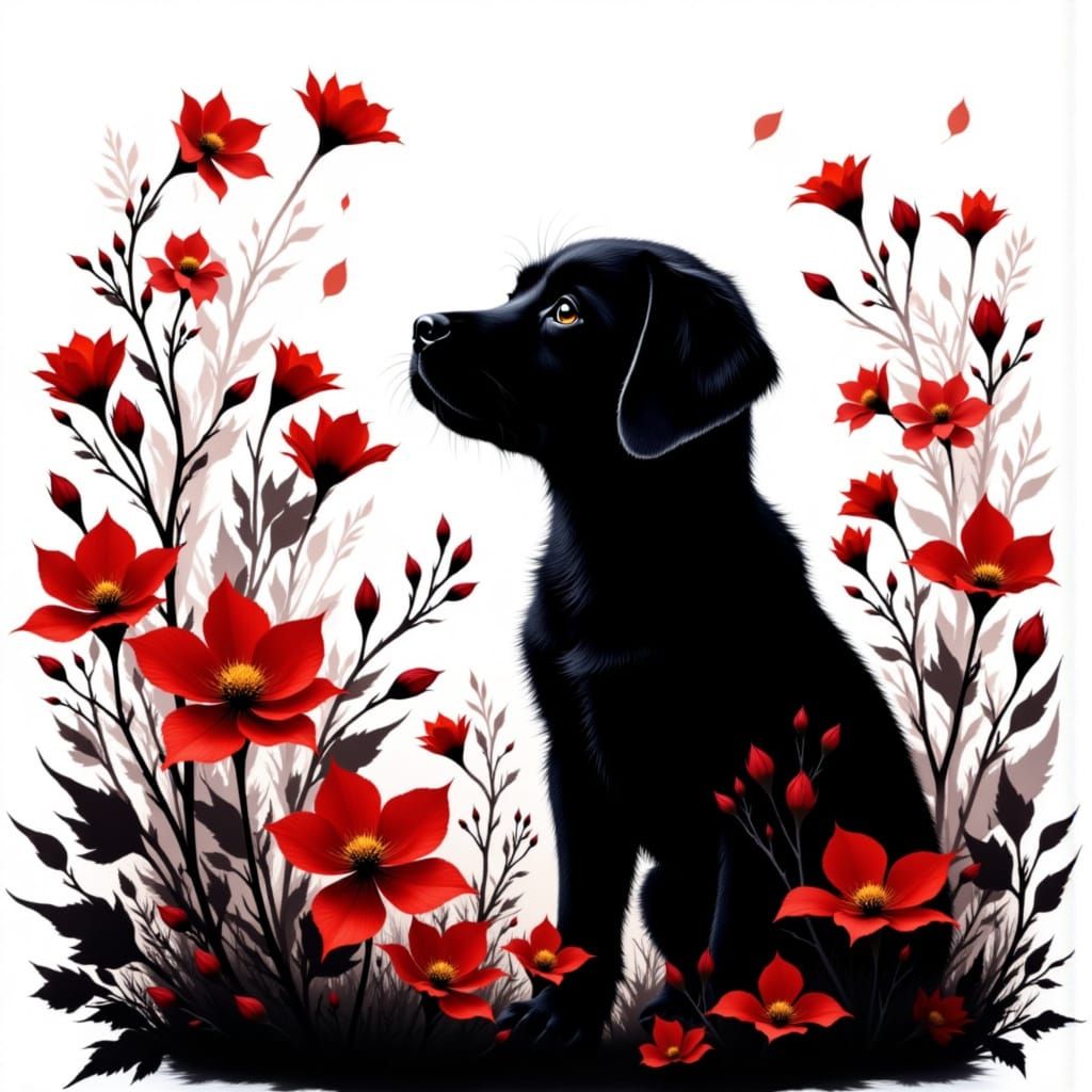Black Lab Puppy Silhouette with Deep Red Flowers