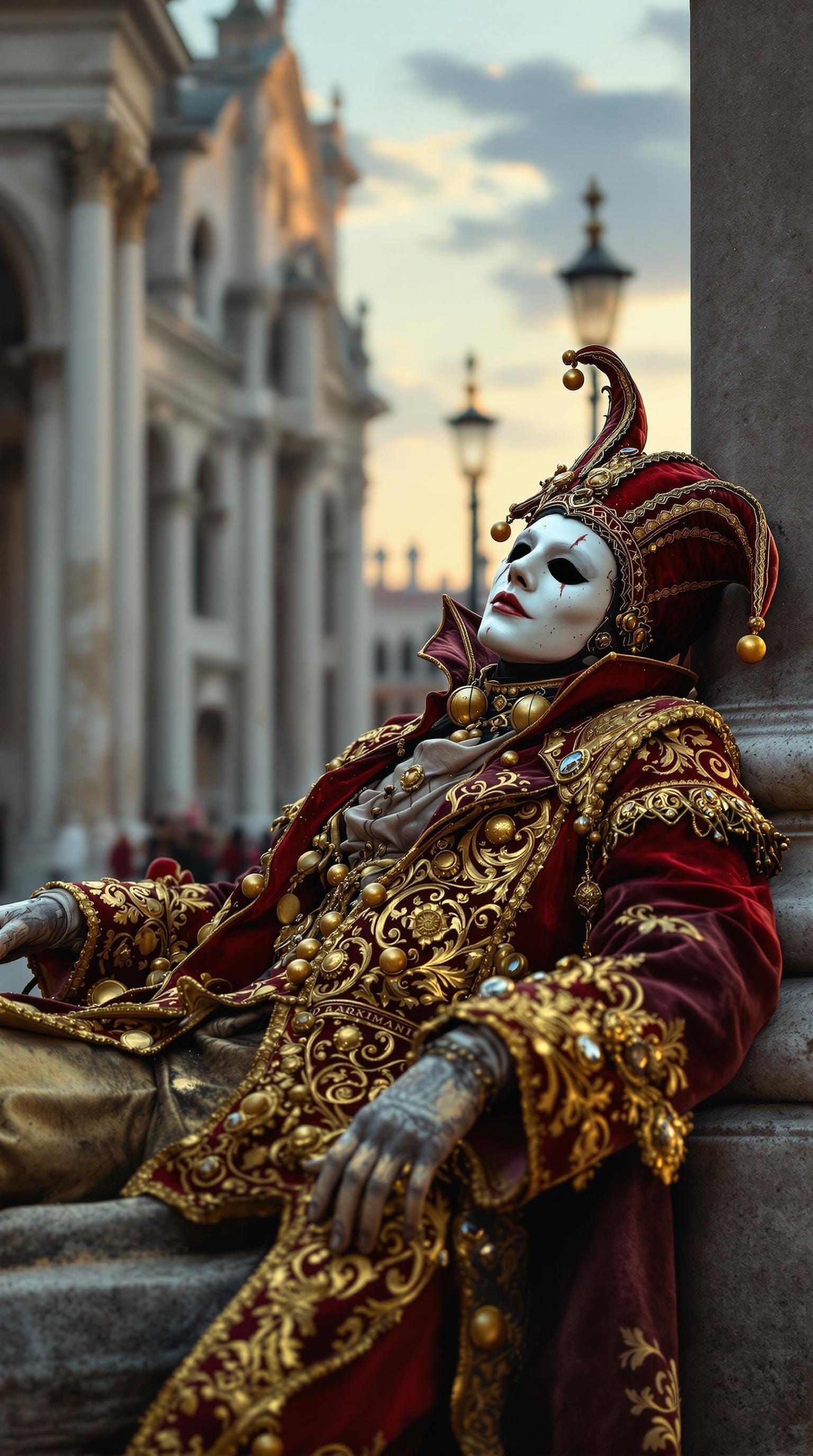 Ethereal Italian Harlequin in Ornate Red and Gold Attire