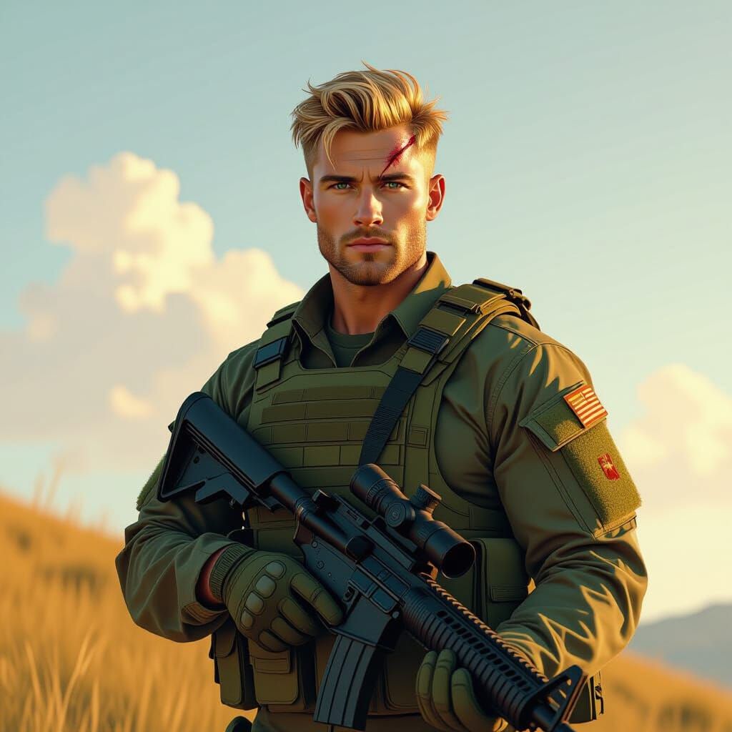 Determined Soldier on Grassy Hill at Dusk