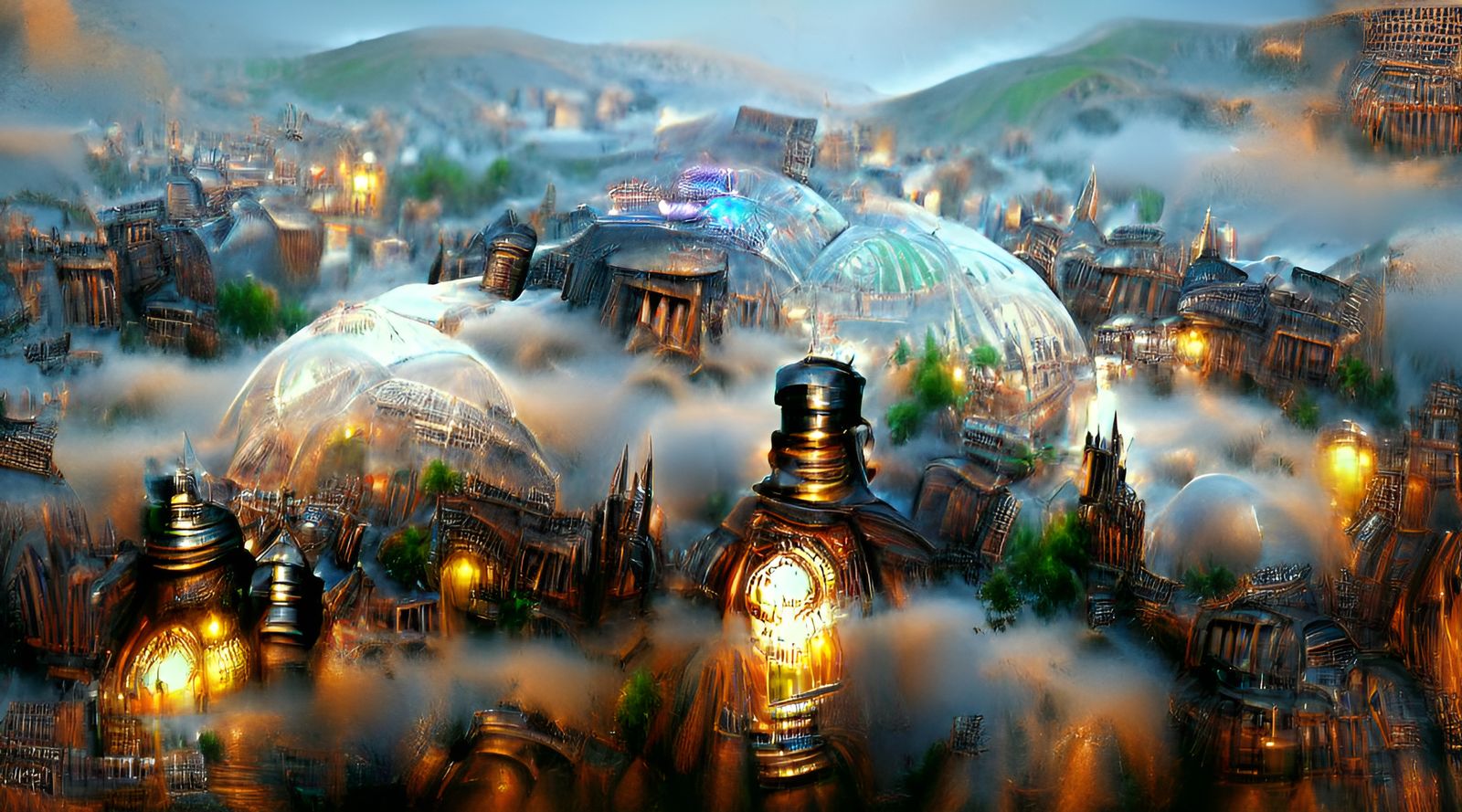 Steampunk Cyberpunk City Under Glass Dome