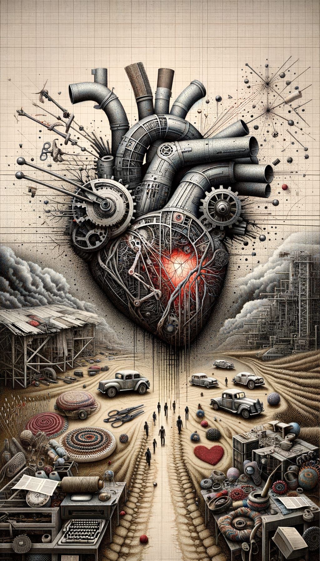 Broken Mechanical Heart in Industrial Surrealist Style