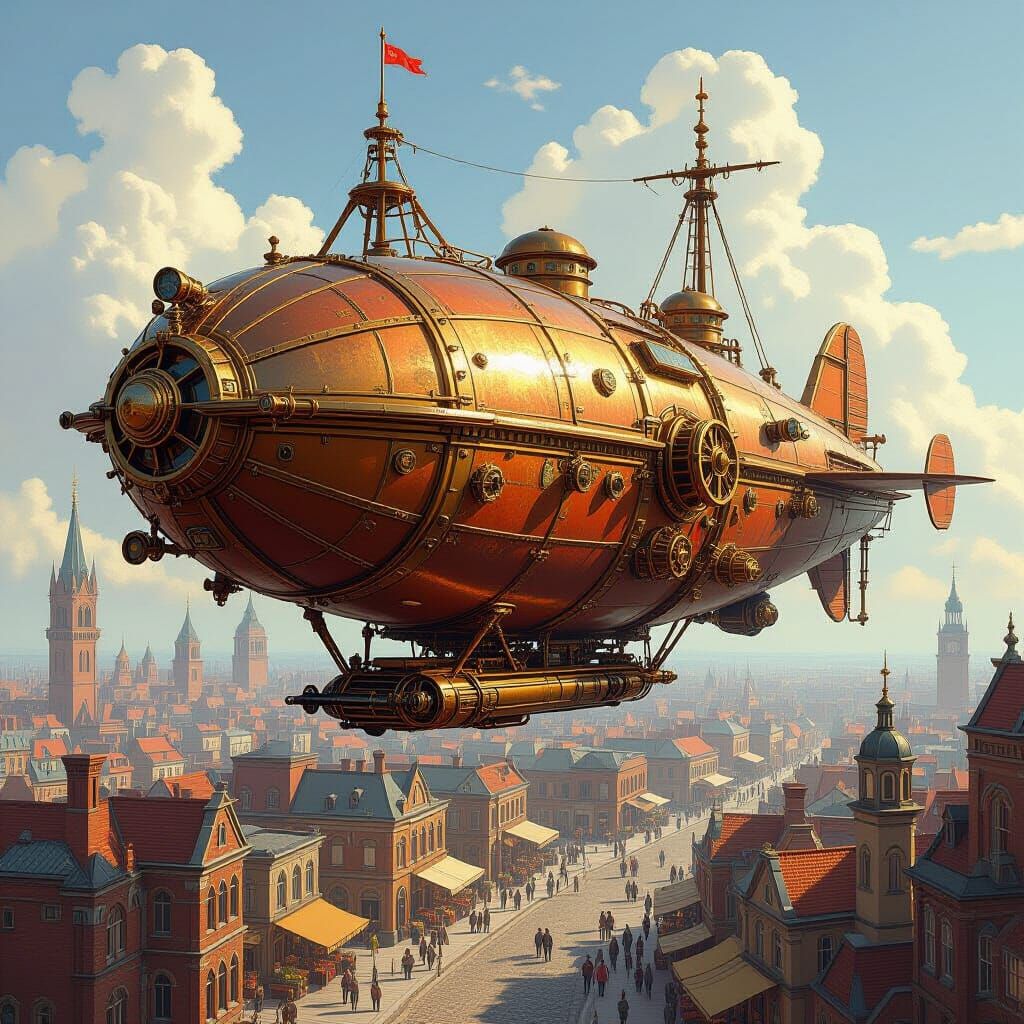 Steampunk Airship Soars Above Victorian City