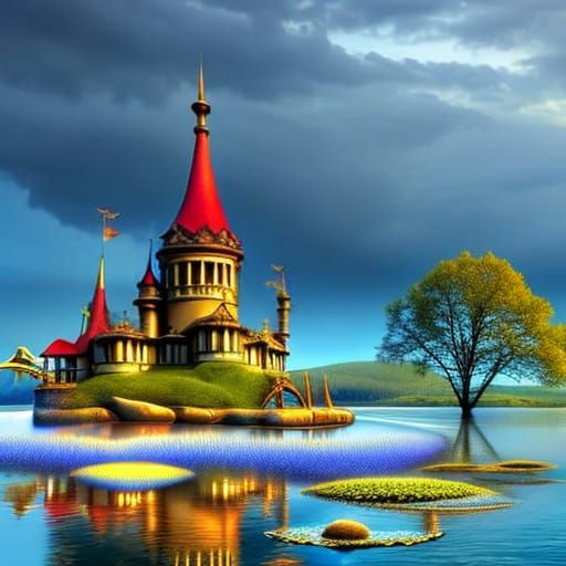 Enchanted castle on the lake. Photorealistic fantasy style. HDR