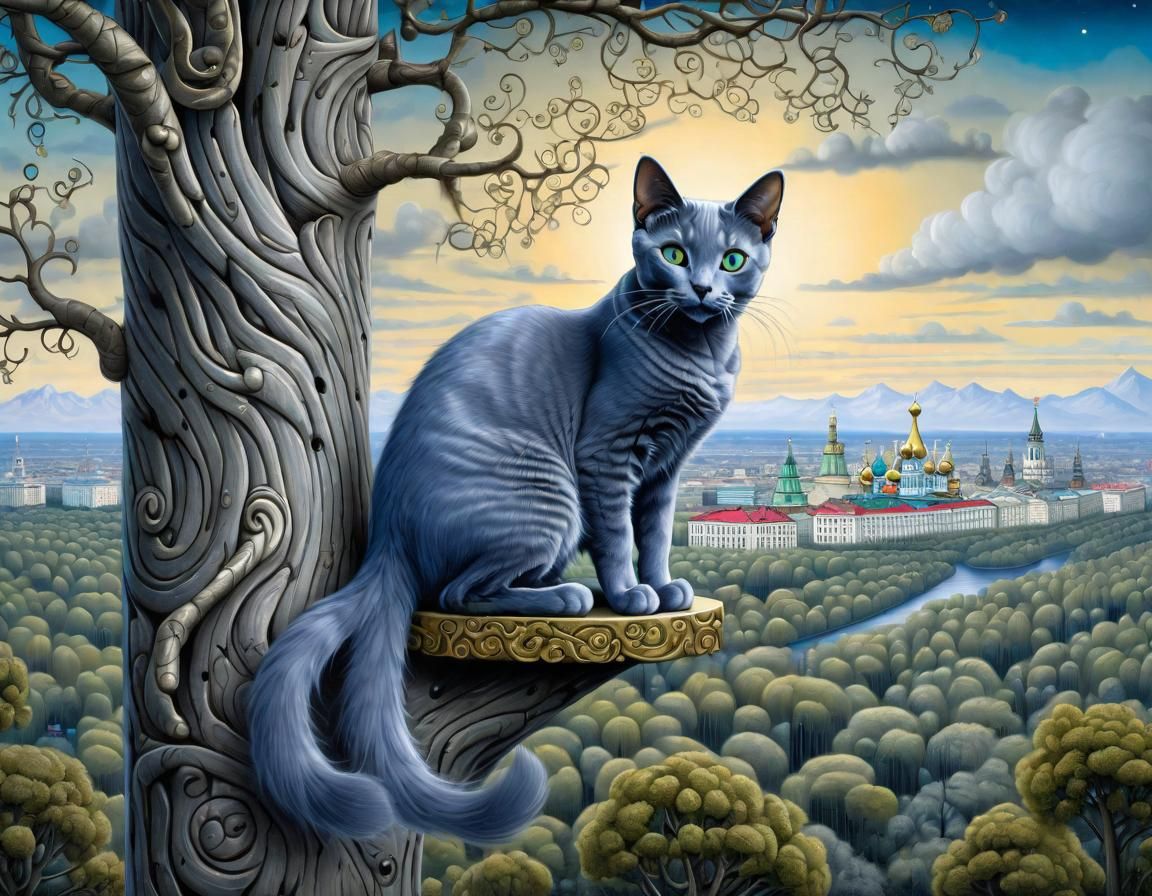 Beautiful Russian blue cat with two tails