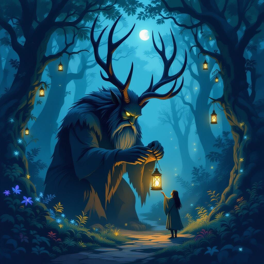 Antlered Giant Lights Lanterns in Enchanted Forest