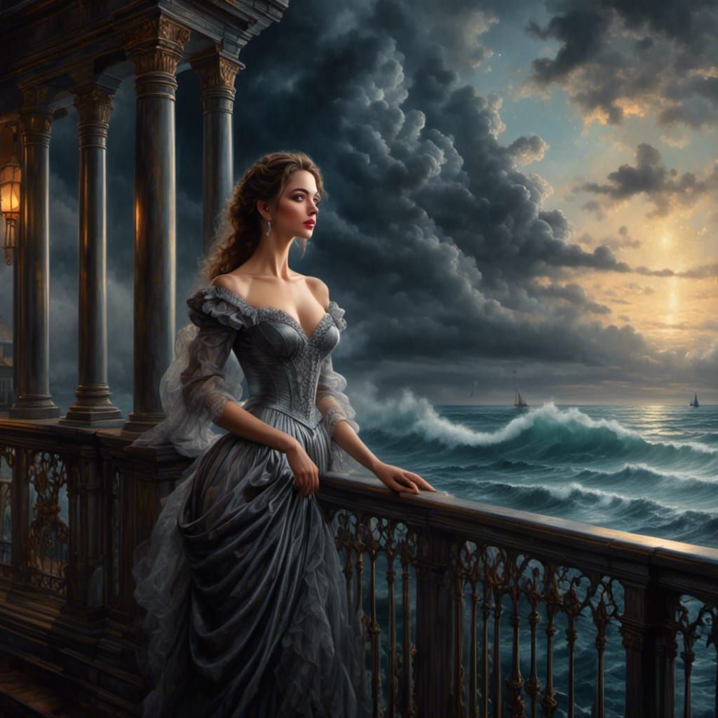 Ethereal Fantasy Lady Marvels at Stormy Ocean View