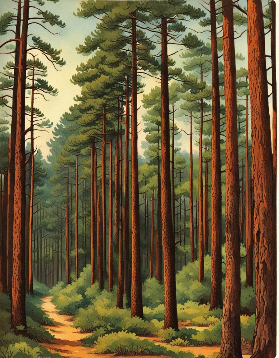 Vintage Postcard of a Beautiful Pine Forest