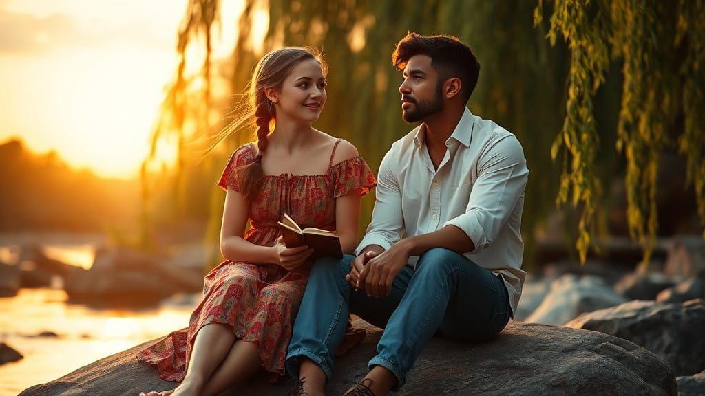 Radiant Young Woman Sits on River Rock with Boyfriend in Sun...