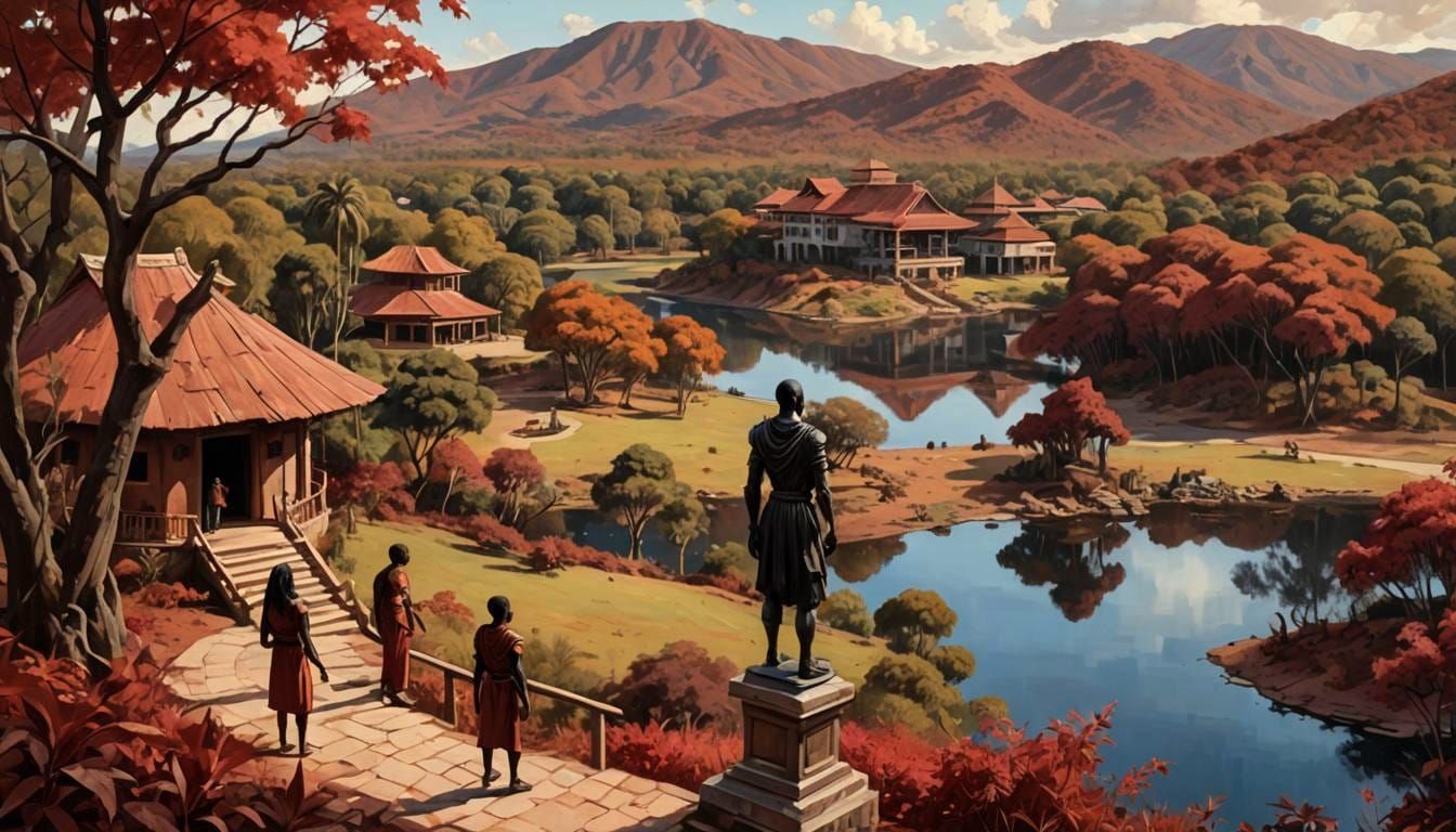 African Lakeside Resort Painting in Spiritual Style