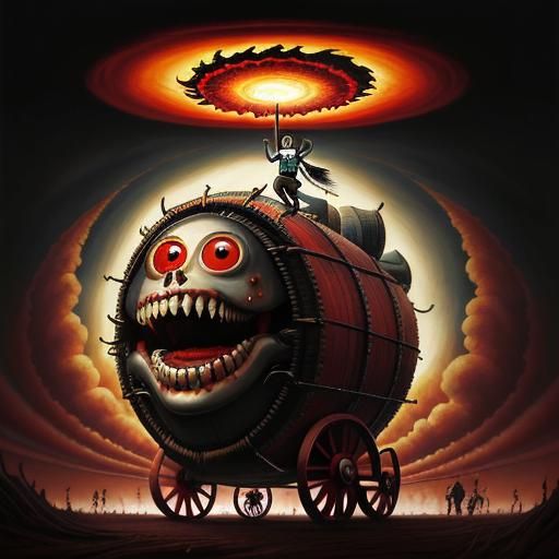 Surreal Human Teeth Push Wheelbarrow Under Tornado