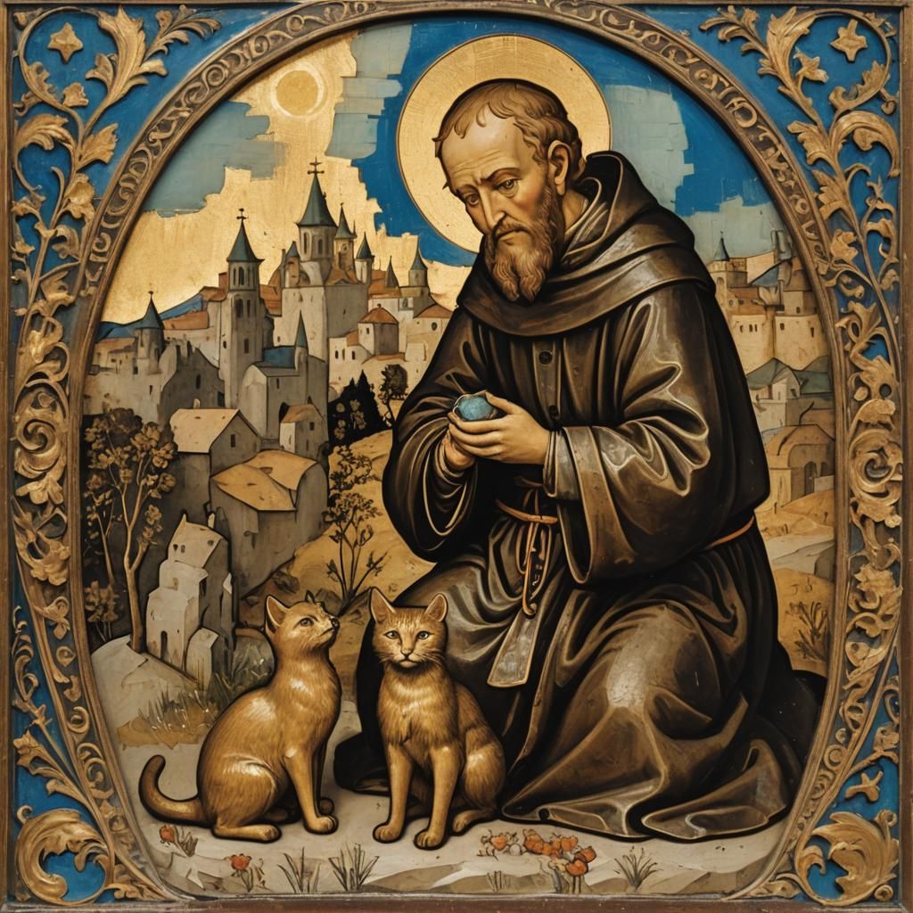 Saint Francis and Cat: Enameled Glass Figurines