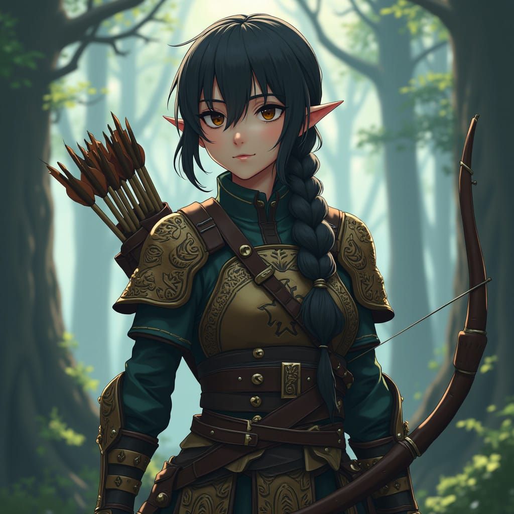 Mystical Forest Archer in Detailed Anime Style