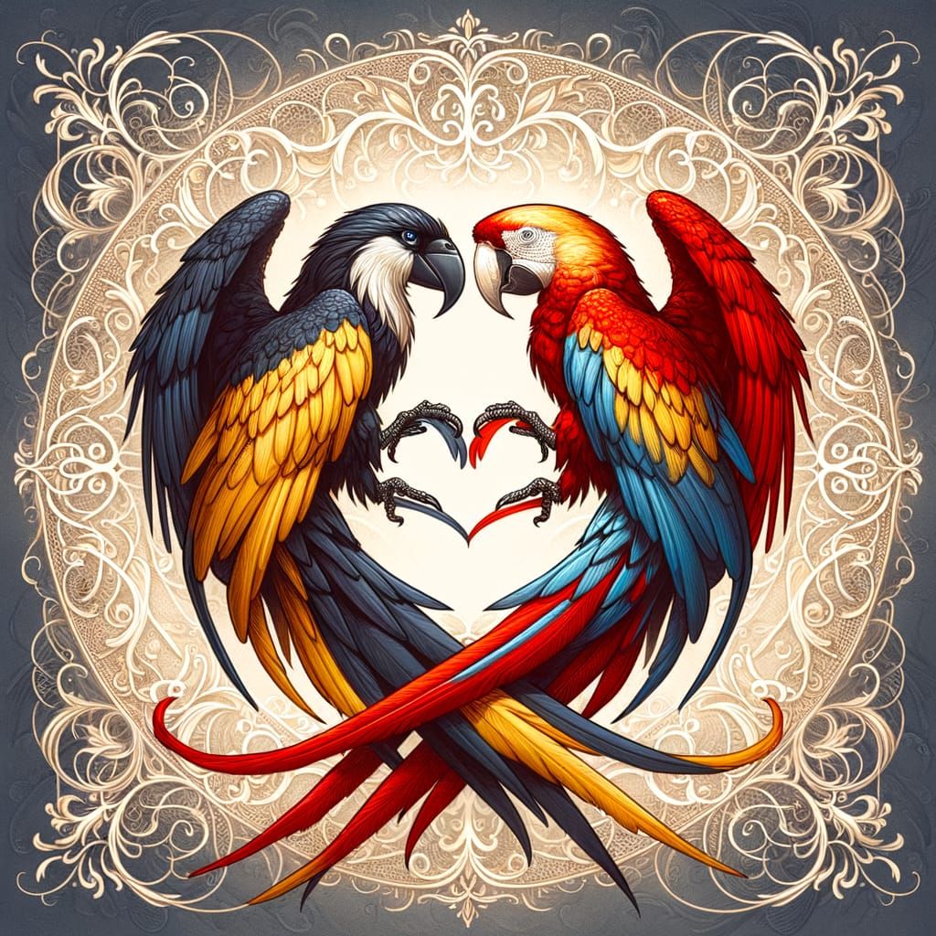 Celestial Raven and Macaw Heart Shape with Filigree