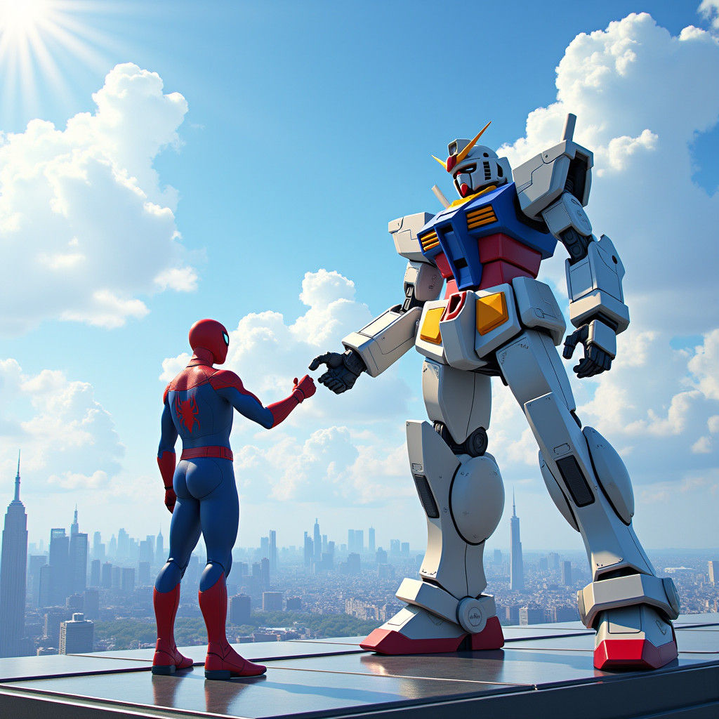 Gundam and Spider-Man Handshake: Sci-Fi Rooftop Alliance
