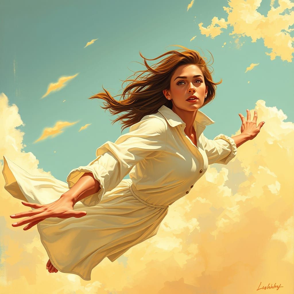 Woman Soaring Through Golden Sky in Expressive Style