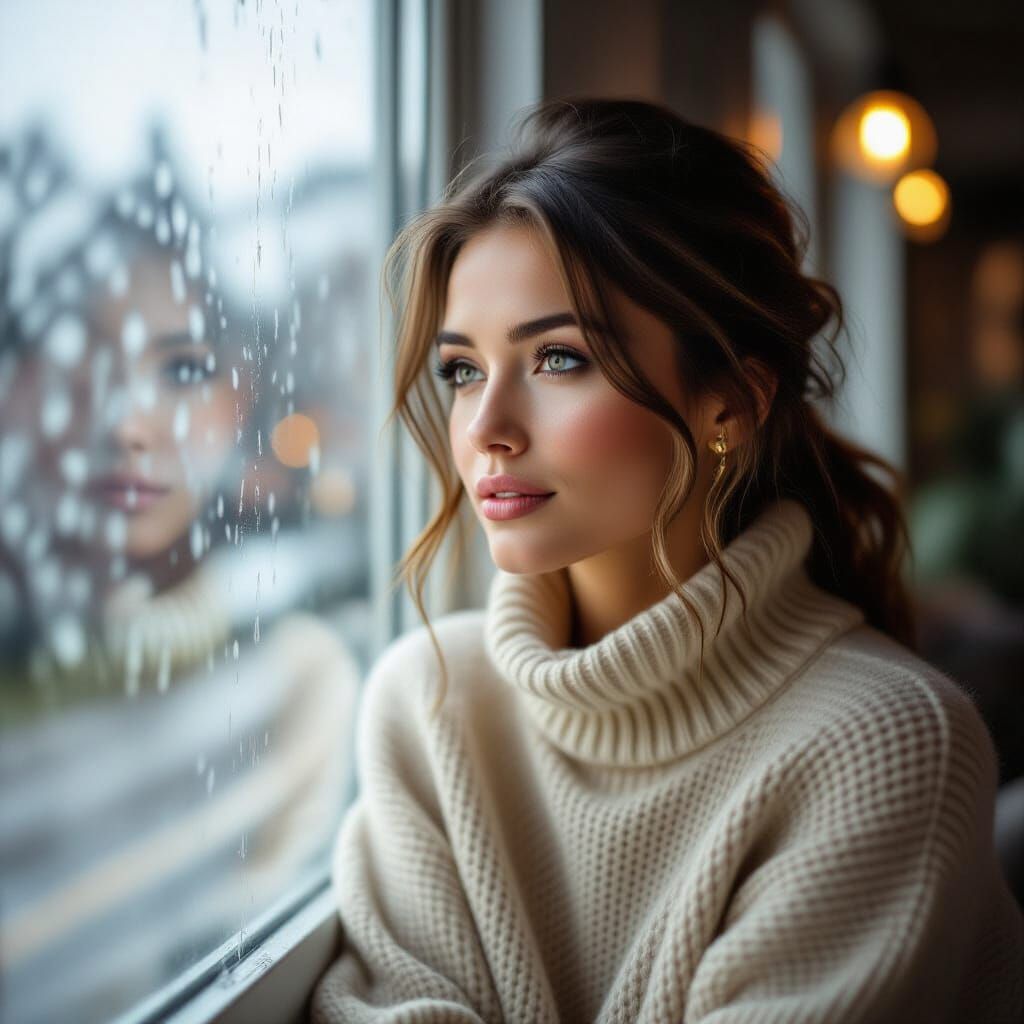 Woman in Rainy Window: Soft, Realistic Portrait