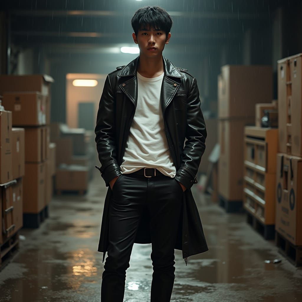 Asian Man in Leather Trench Coat in Rainy Loading Bay