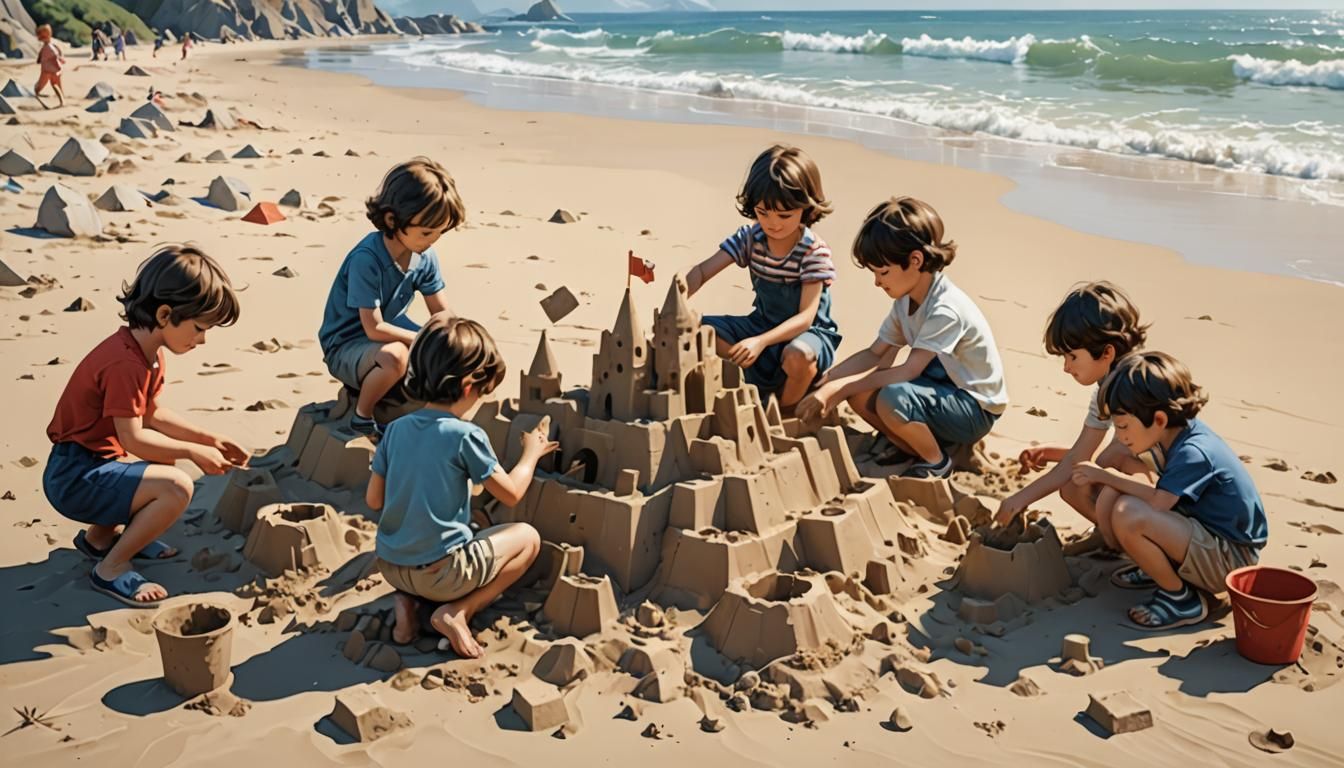 Children Building Sandcastle, 3D Anime Art